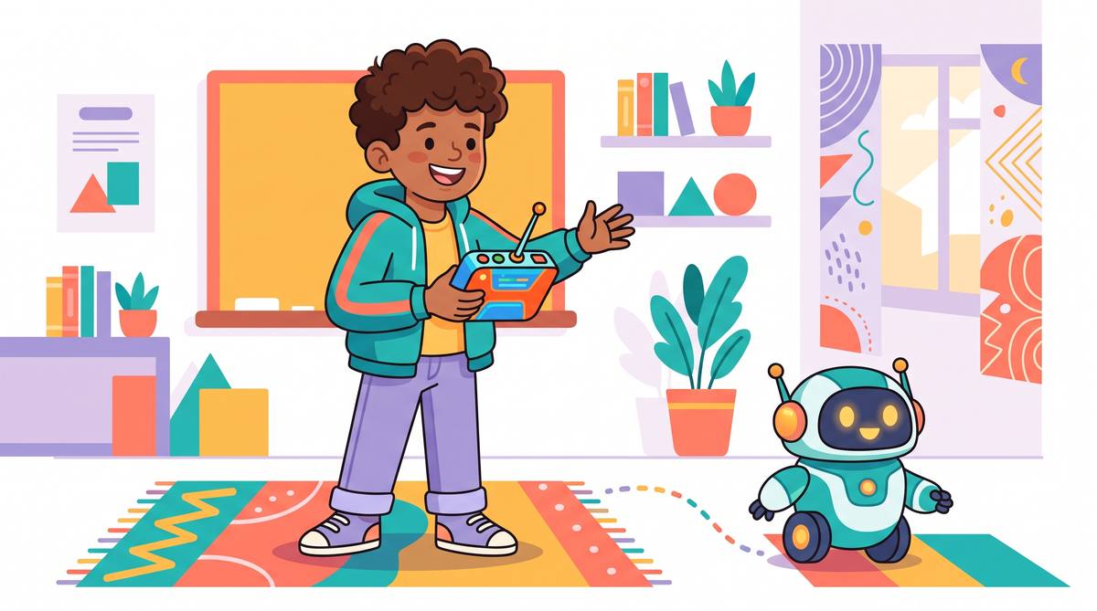 A confident student directing a friendly AI robot